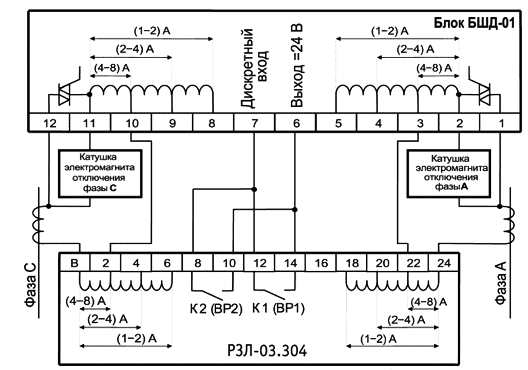 Схема подключения устройства РЗЛ-03.304 (при диапазоне рабочих токов от 4 до 8 А)