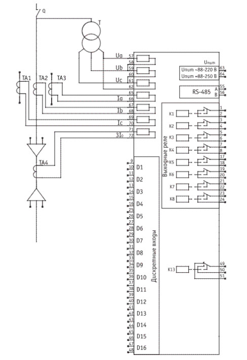 Схема подключений внешних цепей с тремя ТТ к устройству РЗЛ-02.2СВ02