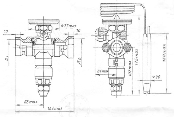 Габаритные, присоединительные размеры термовентиля 22ТРВ-40